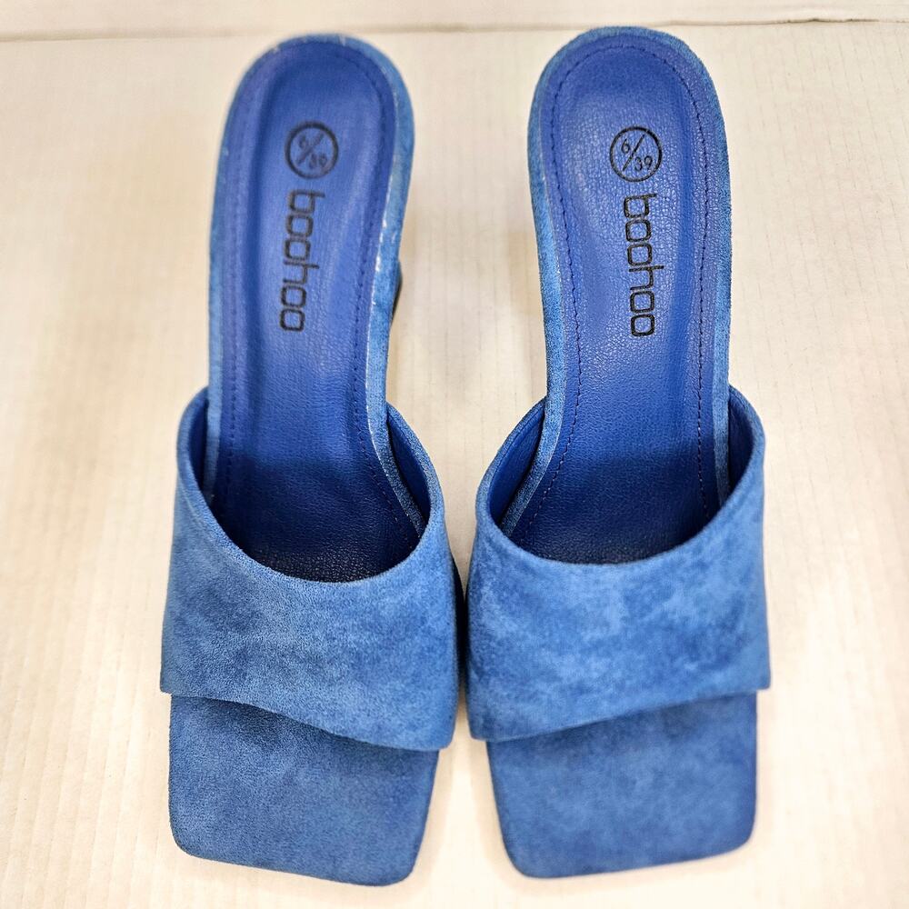 Boohoo Blue Faux Suede Square Toe Slip On Heeled Mule Size 6UK/39EUR/8US - Picture 7 of 10